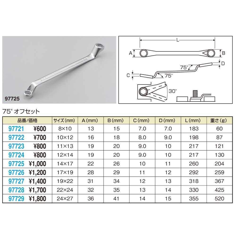 Amazon.co.jp: デイトナ(Daytona) めがねレンチ 75°オフセット 8×10mm